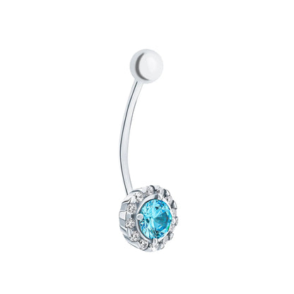 14k Gold Round Topaz Belly Button Ring | Diamond Curved Barbell | Pregnancy Safe Navel Jewelry Gift for Her cushionblue
