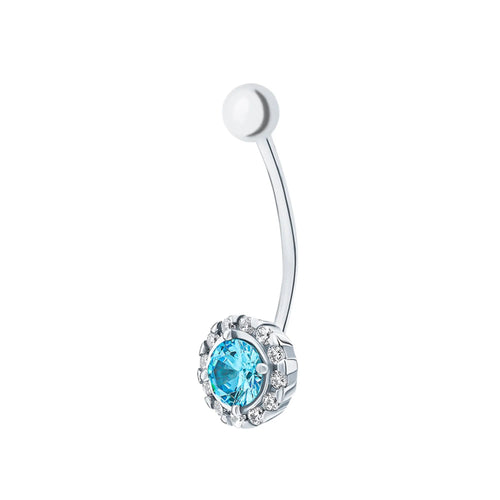 14k Gold Round Topaz Belly Button Ring | Diamond Curved Barbell | Pregnancy Safe Navel Jewelry Gift for Her cushionblue