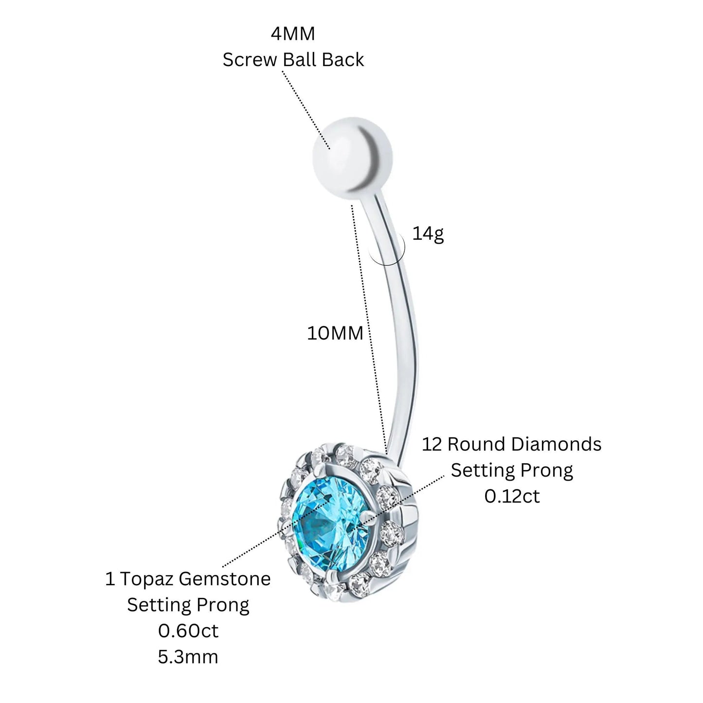 14k Gold Round Topaz Belly Button Ring | Diamond Curved Barbell | Pregnancy Safe Navel Jewelry Gift for Her cushionblue