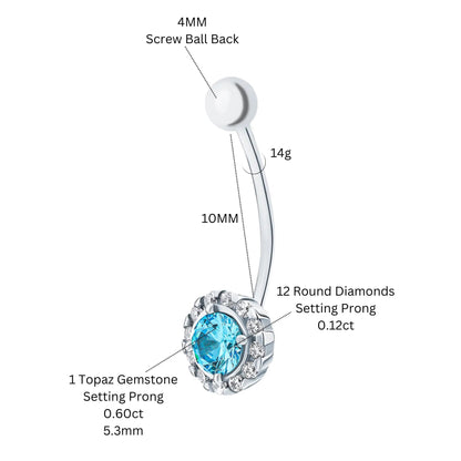 14k Gold Round Topaz Belly Button Ring | Diamond Curved Barbell | Pregnancy Safe Navel Jewelry Gift for Her cushionblue