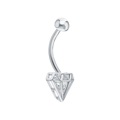 14K Gold Hollow Diamond Belly Ring | Geometric Navel Piercing |  Barbell Belly Button Ring | Geometric Barbell Belly Button Ring. Cushionblue