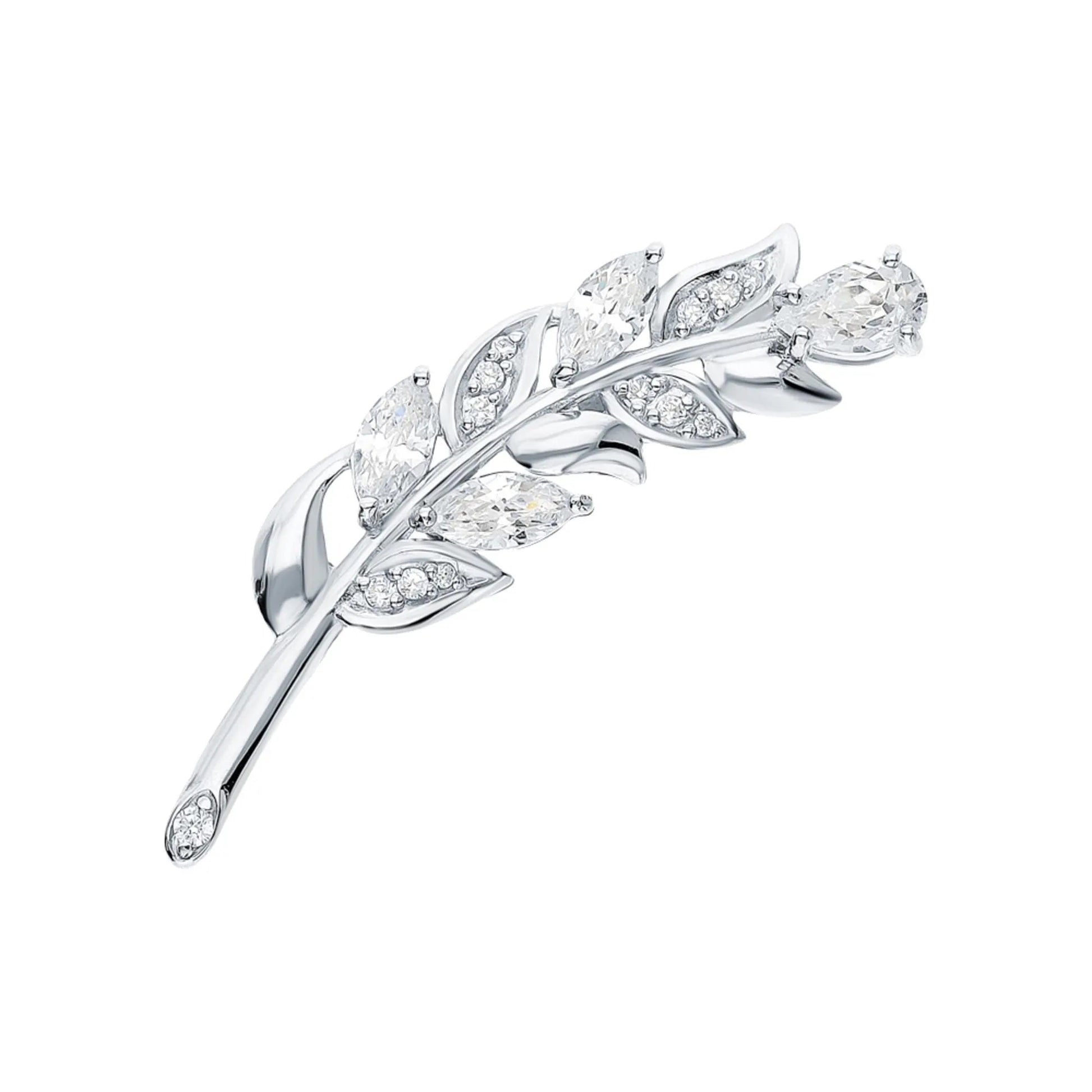14k Gold Mixed Cut Diamond Leaf Brooch Pin | Bay Leaf Safety Brooch | Feather-Inspired Party Jewelry Gift for Her. Cushionblue
