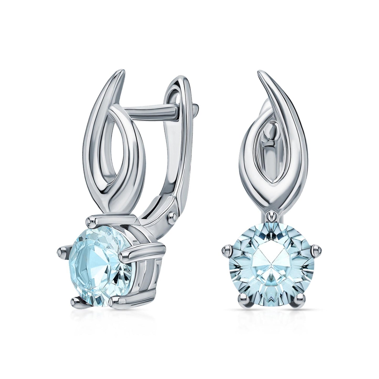 14K Gold Sky Blue Topaz Dangle Earrings | Round Solitaire Gemstone Drop Hoops | Gift for Women. Cushionblue