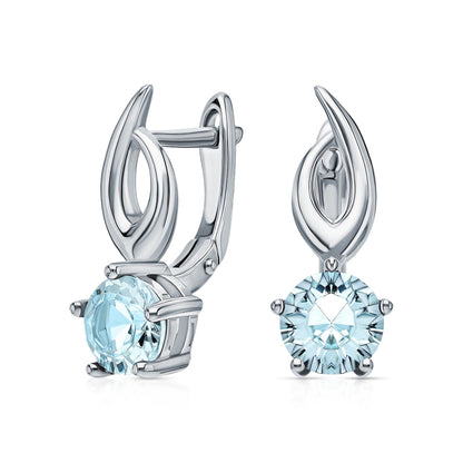 14K Gold Sky Blue Topaz Dangle Earrings | Round Solitaire Gemstone Drop Hoops | Gift for Women. Cushionblue