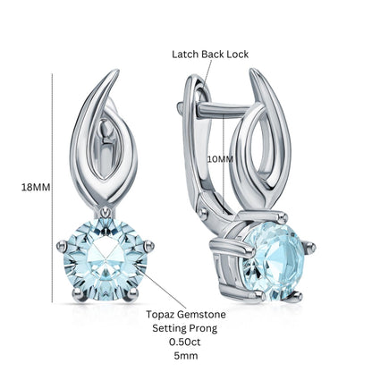 14K Gold Sky Blue Topaz Dangle Earrings | Round Solitaire Gemstone Drop Hoops | Gift for Women. Cushionblue