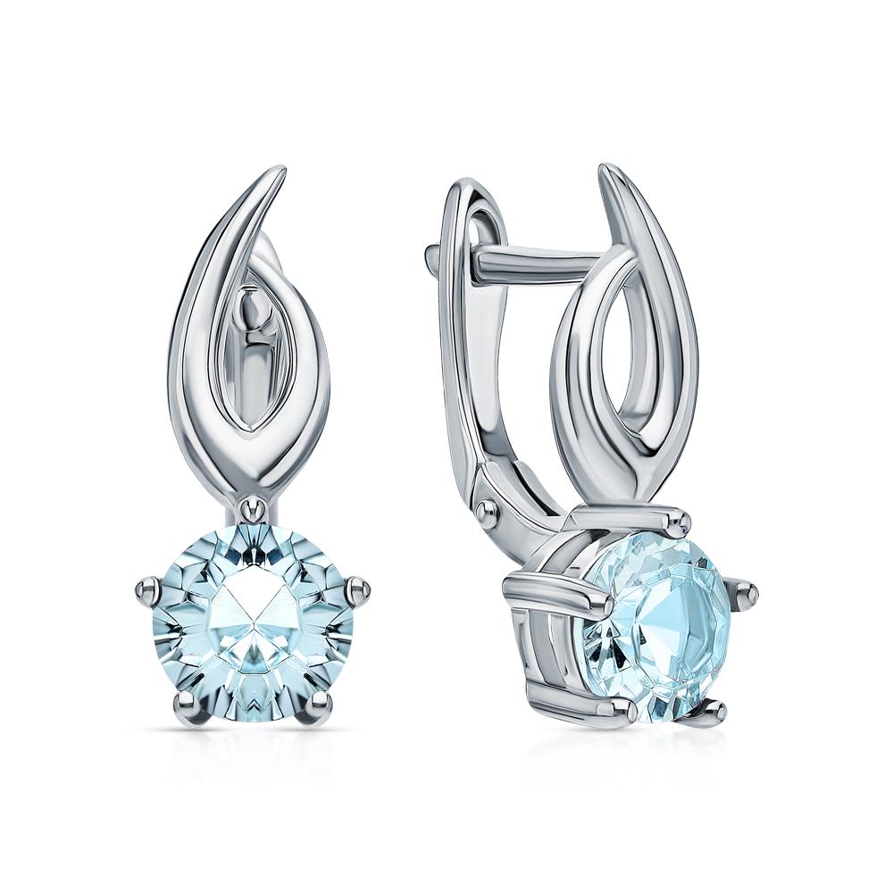 14K Gold Sky Blue Topaz Dangle Earrings | Round Solitaire Gemstone Drop Hoops | Gift for Women. Cushionblue