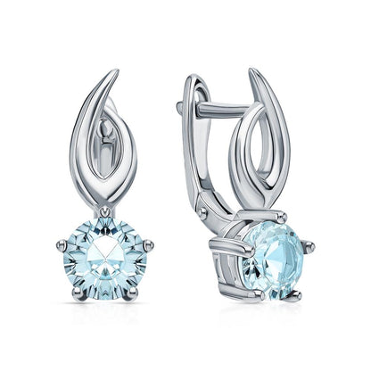 14K Gold Sky Blue Topaz Dangle Earrings | Round Solitaire Gemstone Drop Hoops | Gift for Women. Cushionblue