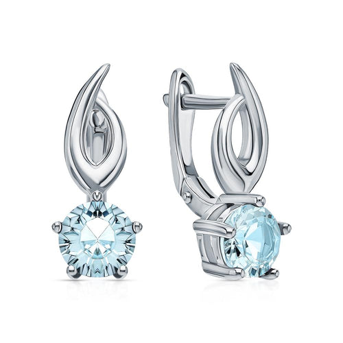 14K Gold Sky Blue Topaz Dangle Earrings | Round Solitaire Gemstone Drop Hoops | Gift for Women. Cushionblue