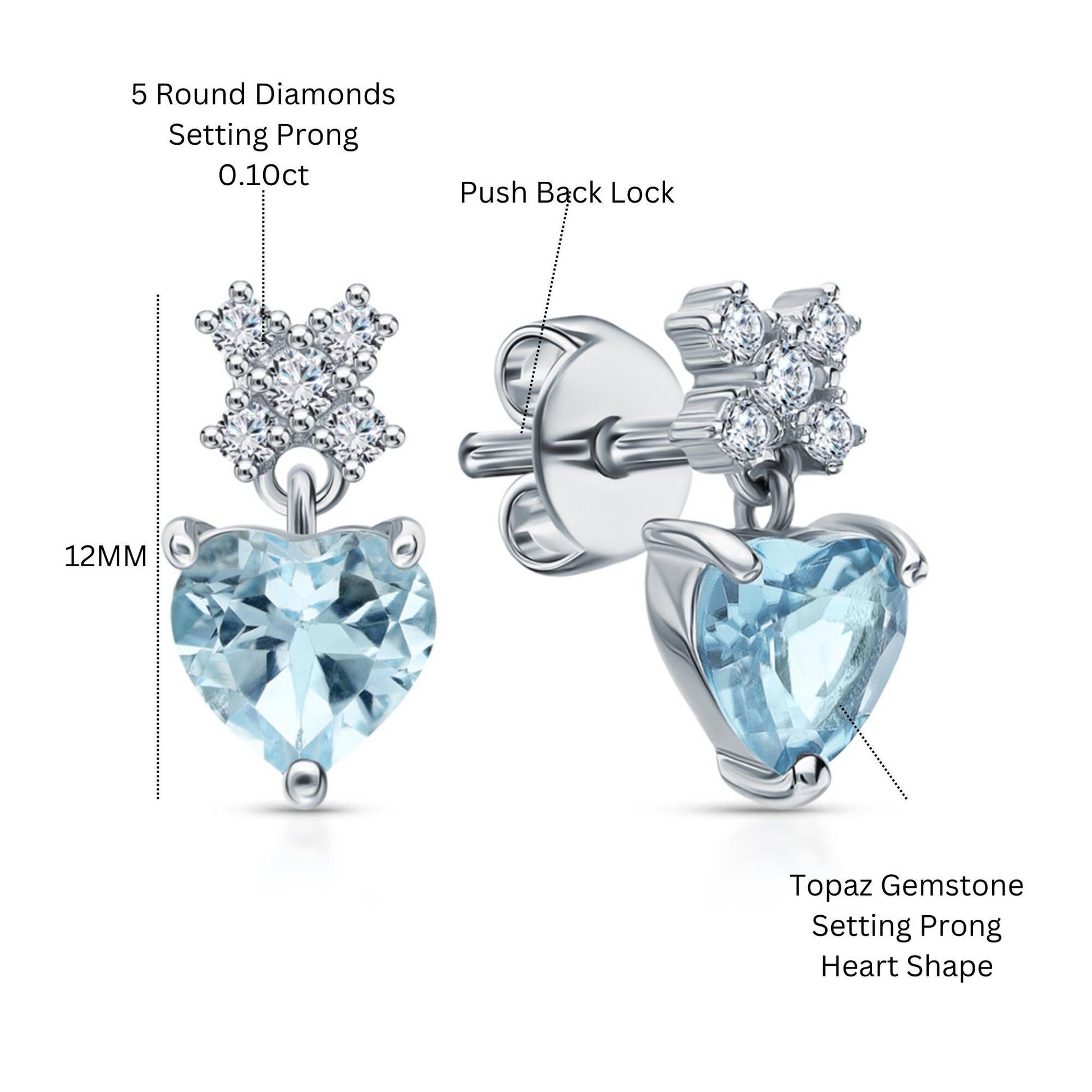 14K Gold Aqua Blue Topaz Heart Drop Earrings | Small Solitaire Dangle Earrings | Gift for Women Cushionblue