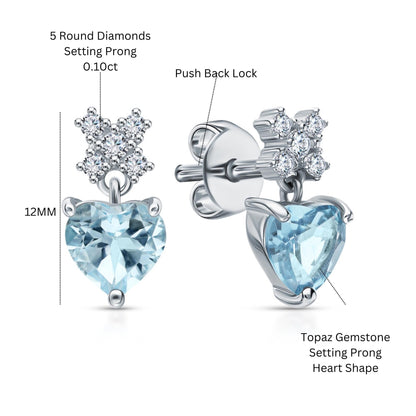 14K Gold Aqua Blue Topaz Heart Drop Earrings | Small Solitaire Dangle Earrings | Gift for Women Cushionblue
