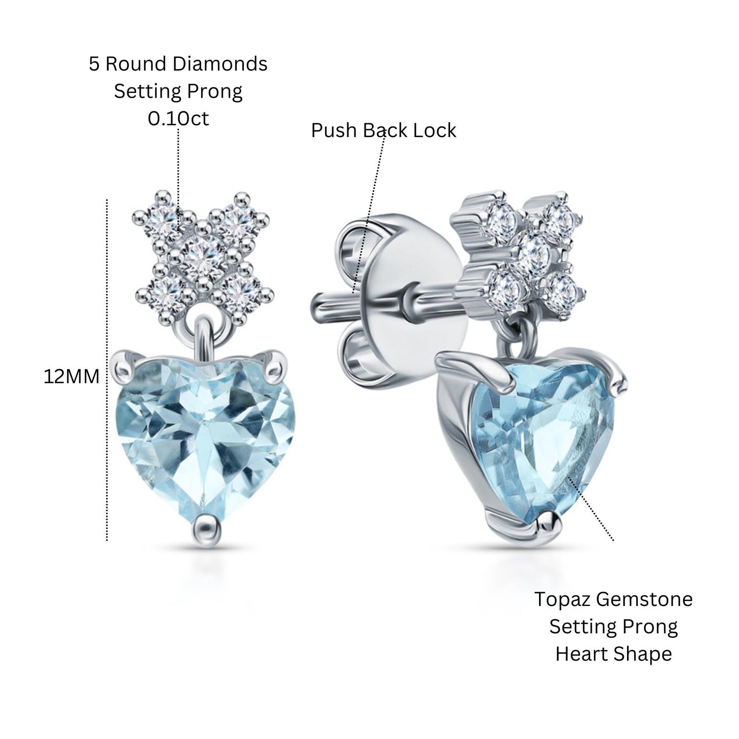 14K Gold Heart Paw Print Stud Earrings | Diamond Pugmark Footprint Jewelry | Pet Lover Gemstone Earring Cushionblue