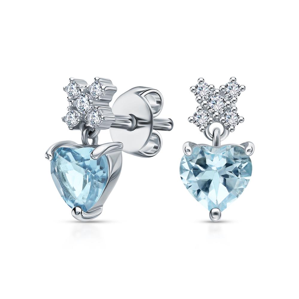 14K Gold Aqua Blue Topaz Heart Drop Earrings | Small Solitaire Dangle Earrings | Gift for Women Cushionblue