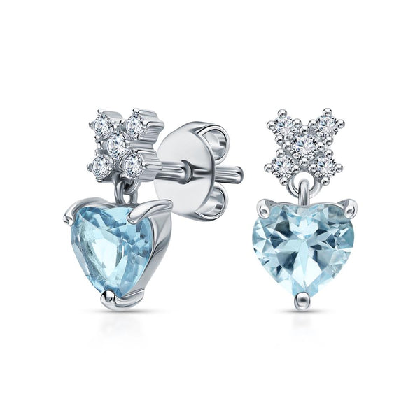 14K Gold Aqua Blue Topaz Heart Drop Earrings | Small Solitaire Dangle Earrings | Gift for Women Cushionblue