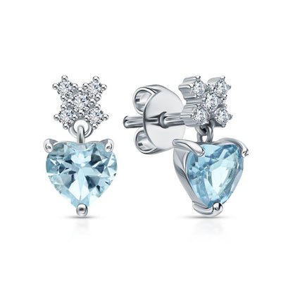 14K Gold Aqua Blue Topaz Heart Drop Earrings | Small Solitaire Dangle Earrings | Gift for Women Cushionblue