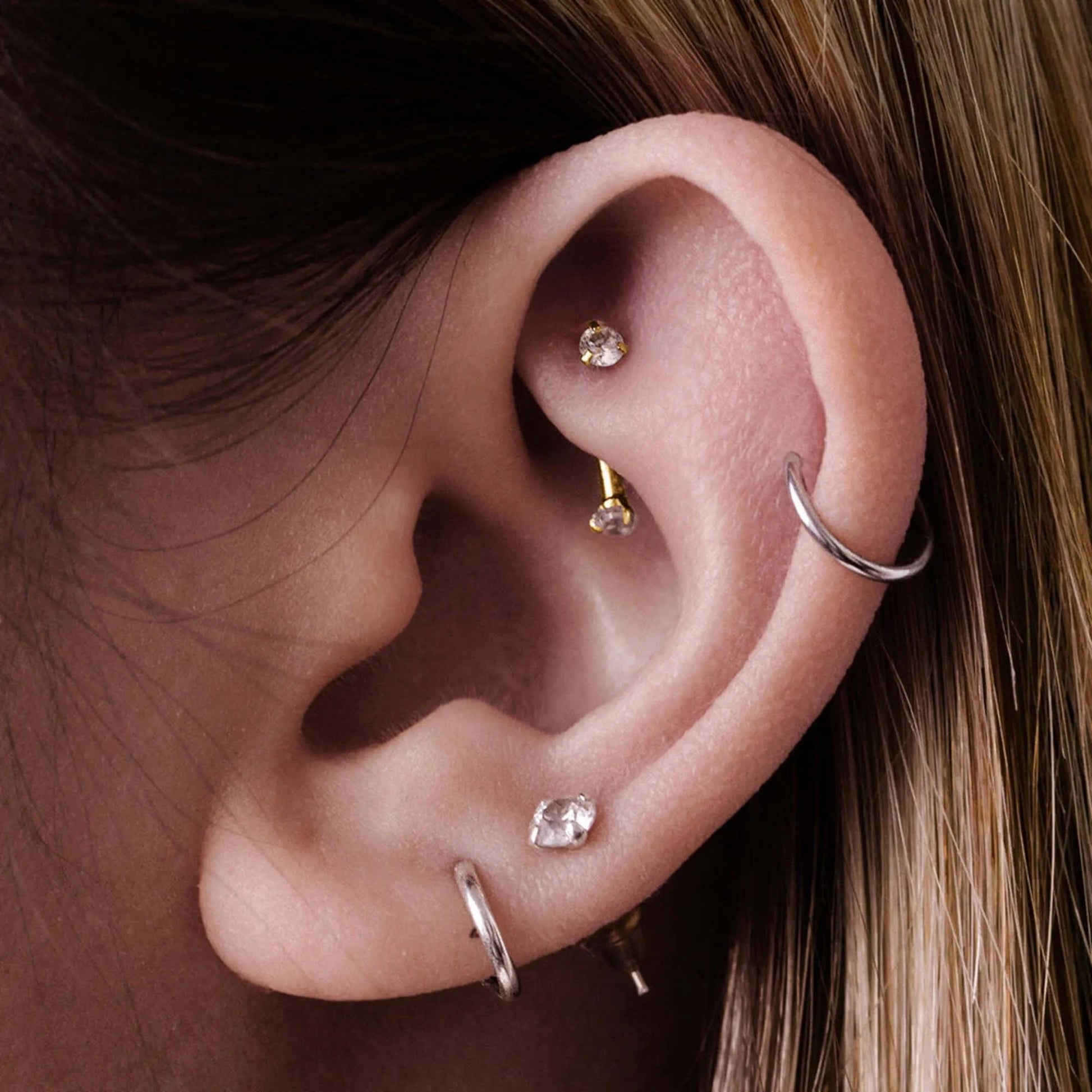 14k Solid Gold Twin Diamond Curved Barbell | Cartilage, Helix, Daith, Rook, or Eyebrow Piercing | Minimalist Belly Jewelry . Cushionblue