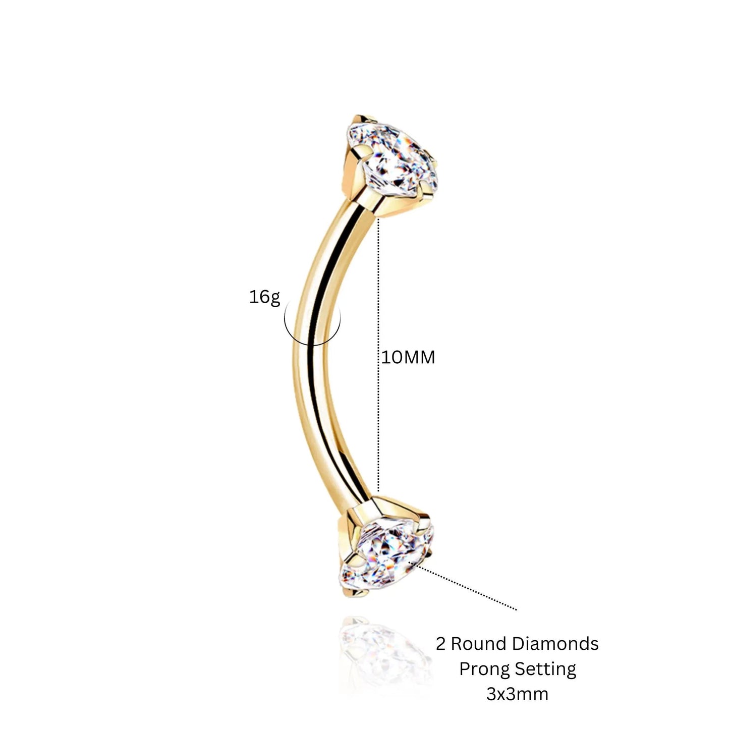 14k Solid Gold Twin Diamond Curved Barbell | Cartilage, Helix, Daith, Rook, or Eyebrow Piercing | Minimalist Belly Jewelry . Cushionblue
