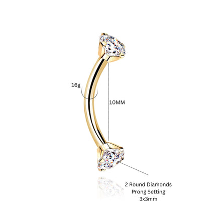 14k Solid Gold Twin Diamond Curved Barbell | Cartilage, Helix, Daith, Rook, or Eyebrow Piercing | Minimalist Belly Jewelry . Cushionblue