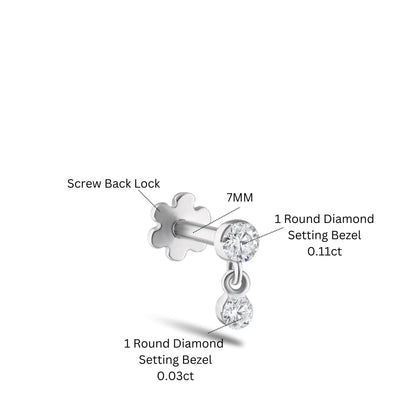 14k Solid Gold Double Diamond Dangle Stud | Invisible Set Round Diamond Flat Back Earring | Threaded Piercing Gift for Her Cushionblue