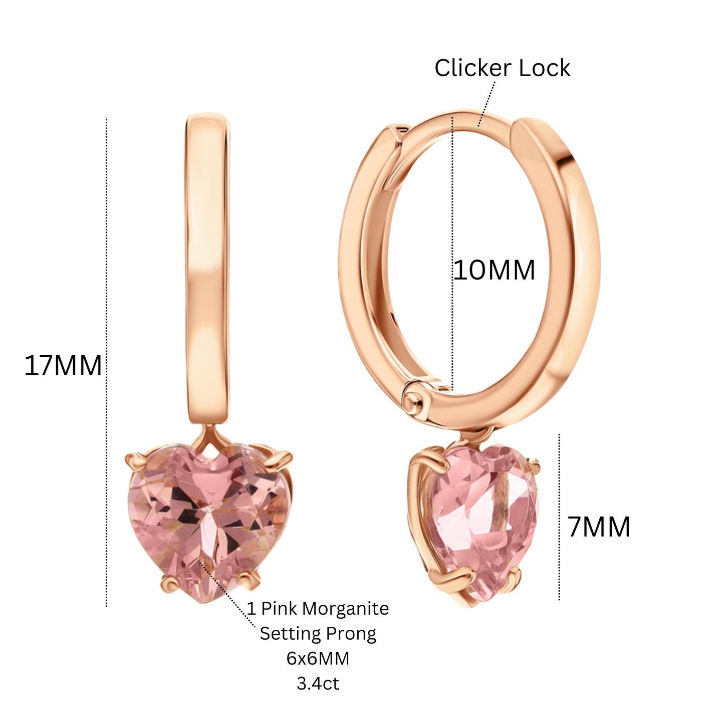 14K Gold Pink Morganite Huggie Earring | Dangle Heart Hoop Earring | Heart Gemstone Jewelr | Valentine Gift | Dainty Morganite Earrings. Cushionblue