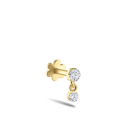 14k Solid Gold Double Diamond Dangle Stud | Invisible Set Round Diamond Flat Back Earring | Threaded Piercing Gift for Her Cushionblue
