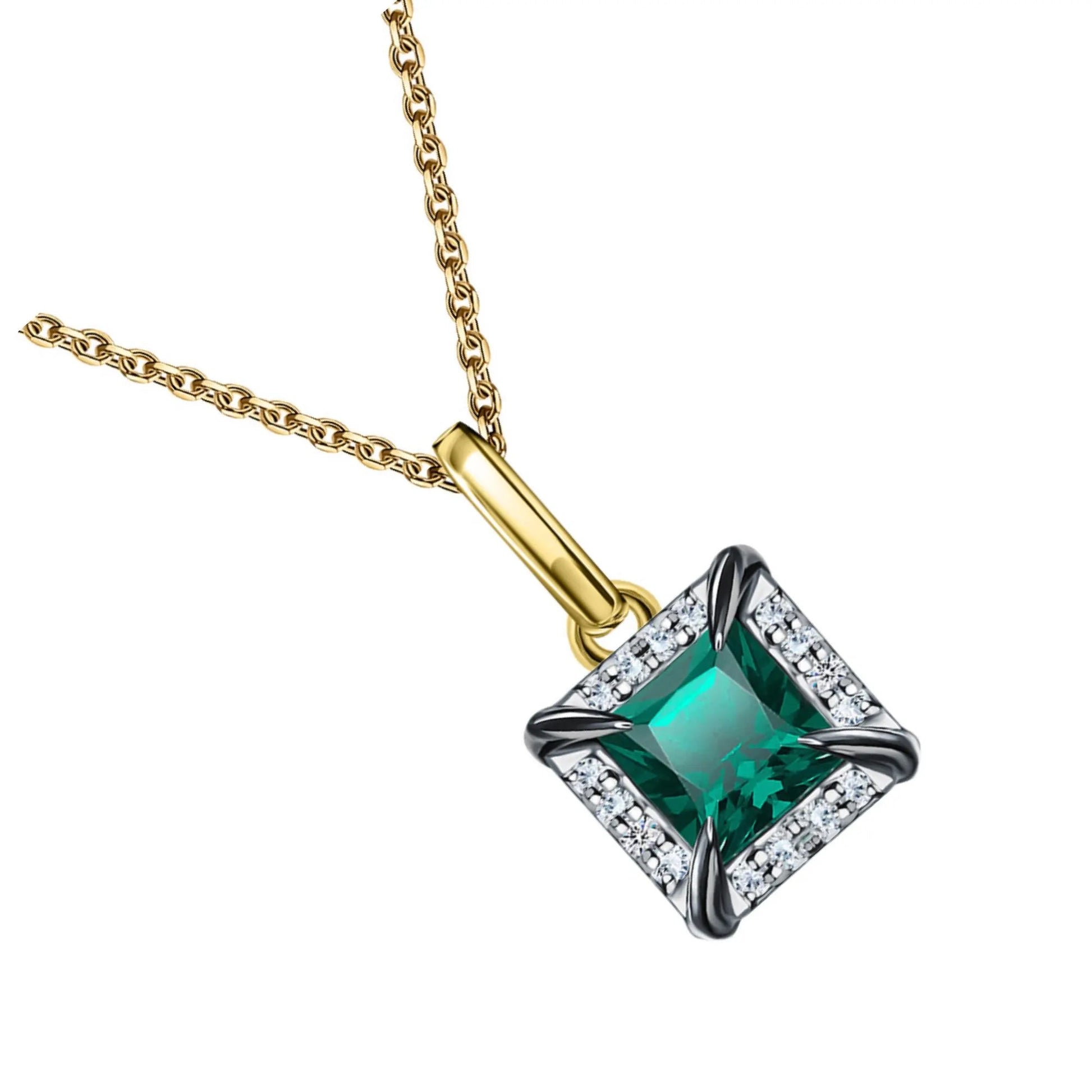 14k Solid Gold Emerald Pendant Necklace | Halo Diamond Emerald Gemstone Jewelry | Anniversary or Mother’s Day Gift Cushionblue