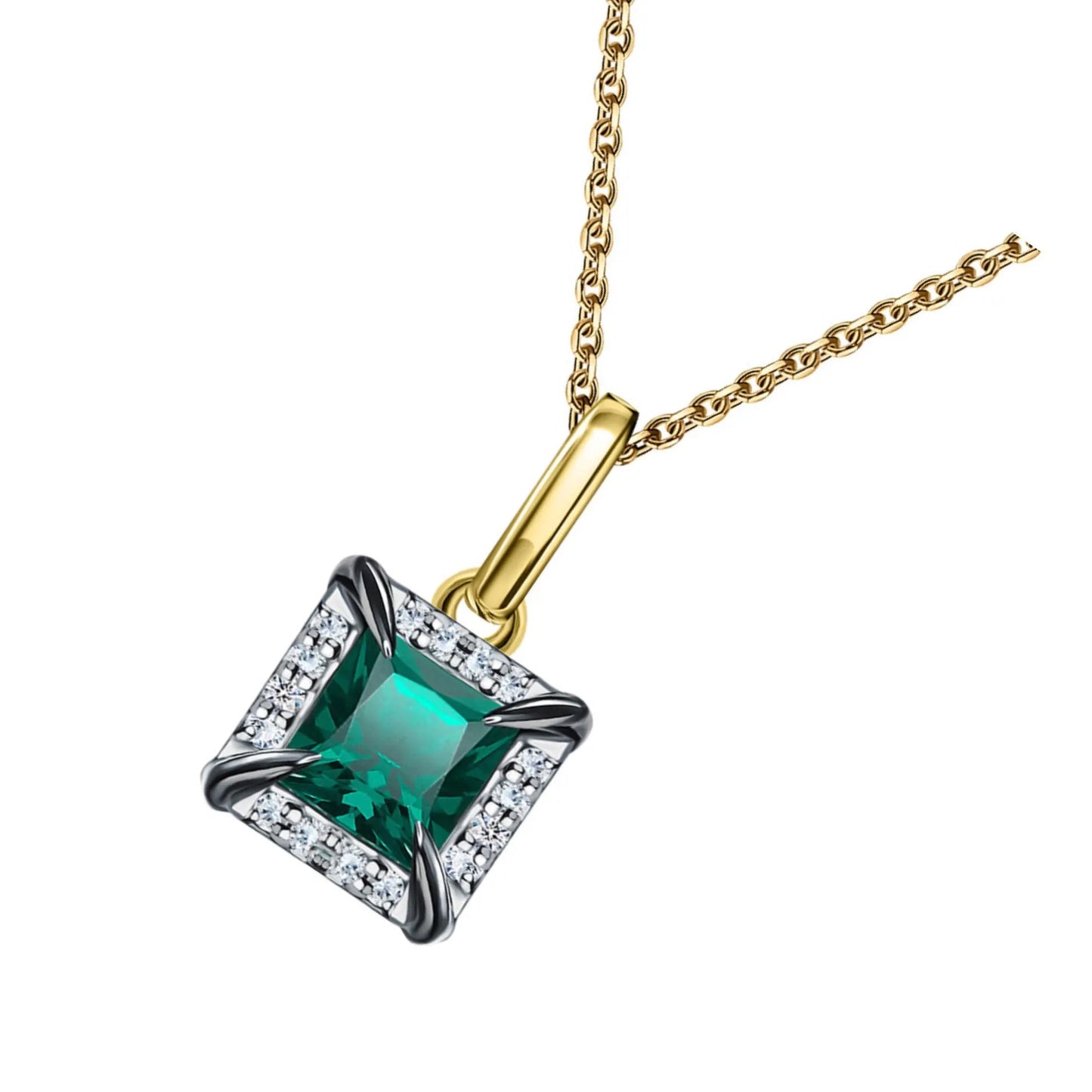 14k Solid Gold Emerald Pendant Necklace | Halo Diamond Emerald Gemstone Jewelry | Anniversary or Mother’s Day Gift Cushionblue