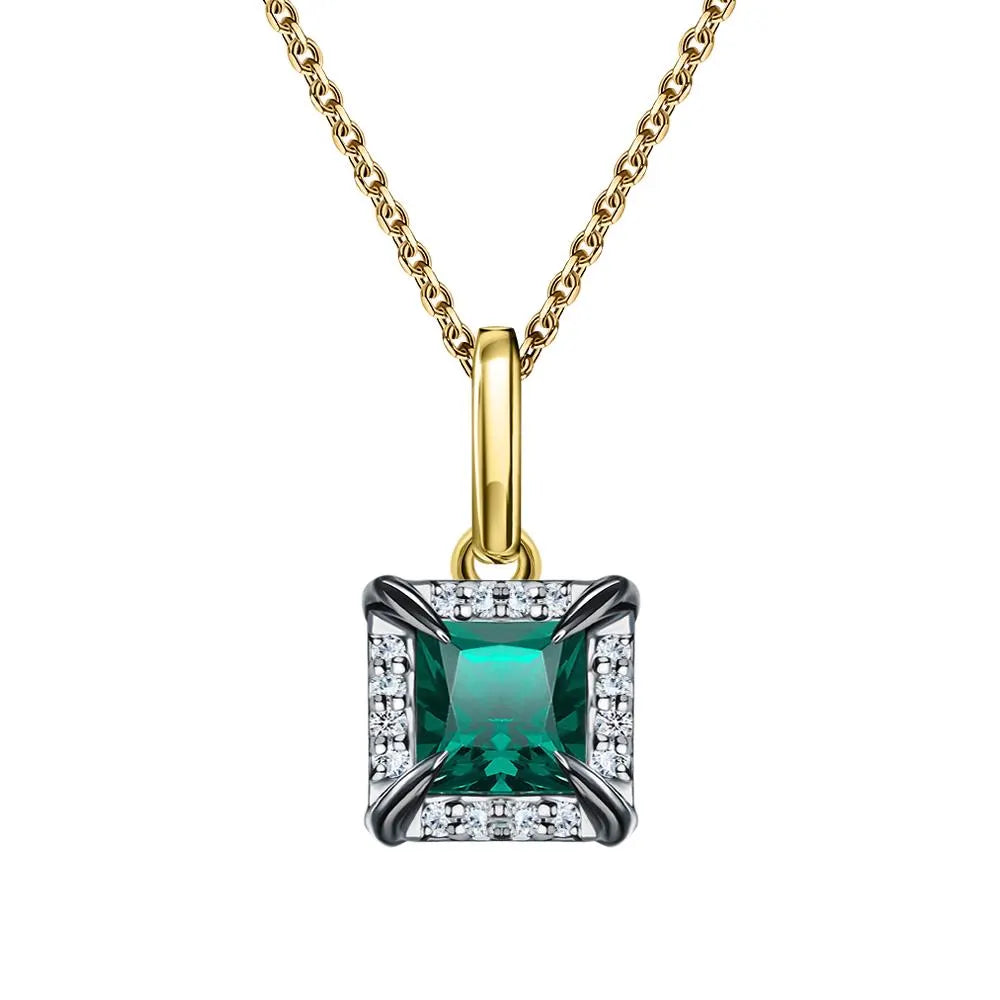 14k Solid Gold Emerald Pendant Necklace | Halo Diamond Emerald Gemstone Jewelry | Anniversary or Mother’s Day Gift Cushionblue