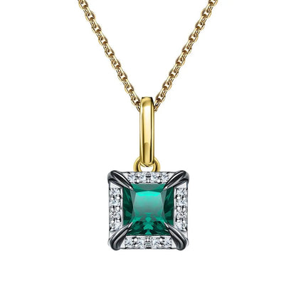 14k Solid Gold Emerald Pendant Necklace | Halo Diamond Emerald Gemstone Jewelry | Anniversary or Mother’s Day Gift Cushionblue