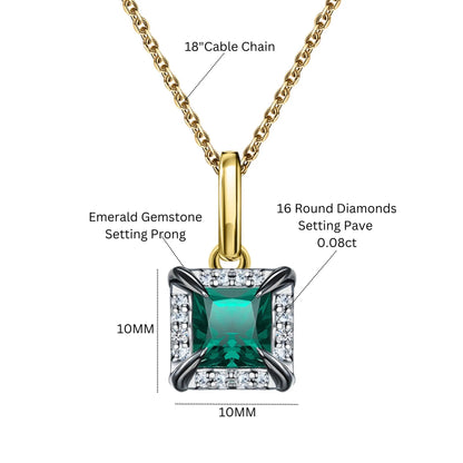 14k Solid Gold Emerald Pendant Necklace | Halo Diamond Emerald Gemstone Jewelry | Anniversary or Mother’s Day Gift Cushionblue