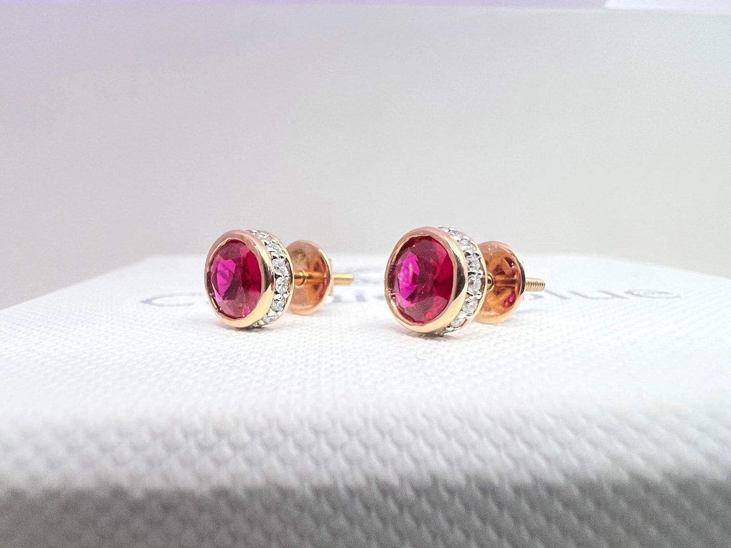 14K Gold Round Cut Ruby Stud | Red Gemstone Earring | Diamond Ruby Bezel Stud Earrings |  Gift For Her. Cushionblue