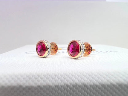 14K Gold Round Cut Ruby Stud | Red Gemstone Earring | Diamond Ruby Bezel Stud Earrings |  Gift For Her. Cushionblue