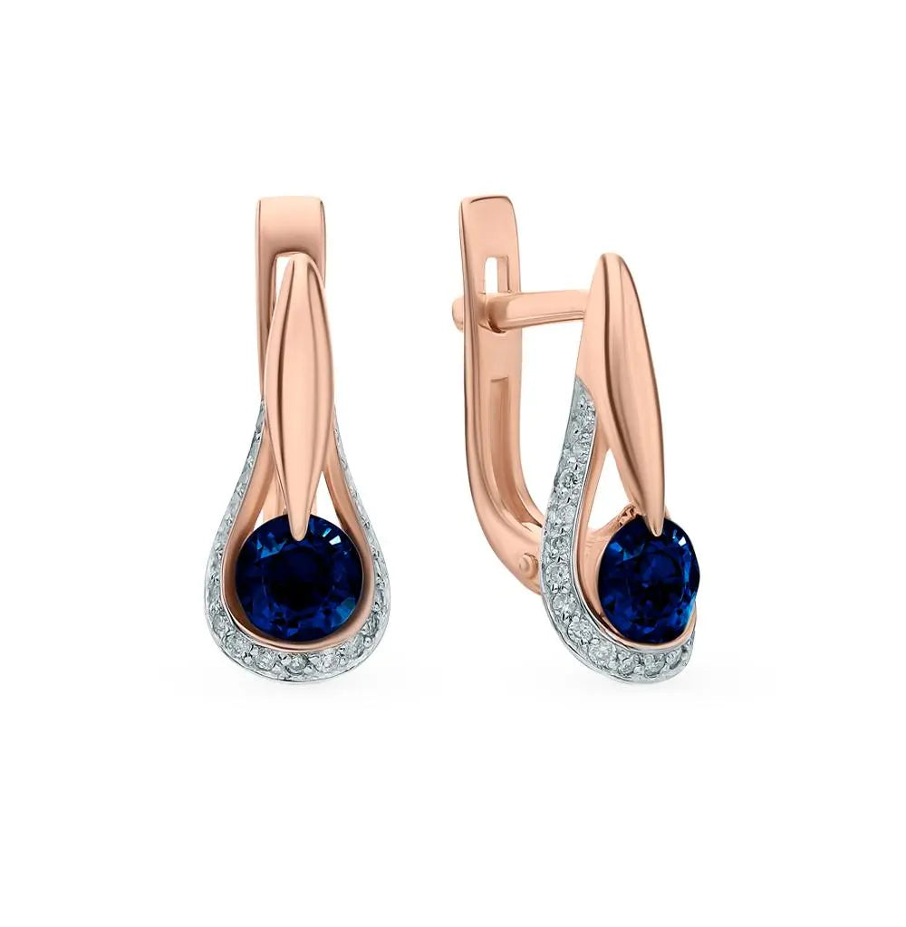 Rose Gold Latch back earrings with Round cut Sapphires and diamonds - cushionblue