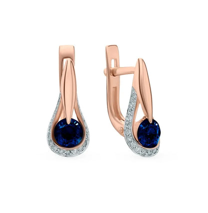 Rose Gold Latch back earrings with Round cut Sapphires and diamonds - cushionblue