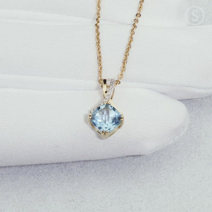Yellow Gold Cushion Topaz & Diamond Pendant Necklace