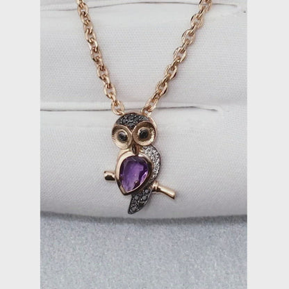 Rose Gold Owl pear pendant necklace with black diamonds