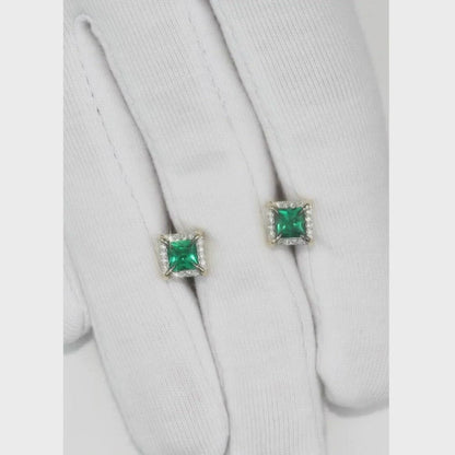 Yellow Gold Studs with screws earrings with Green emeralds and diamonds