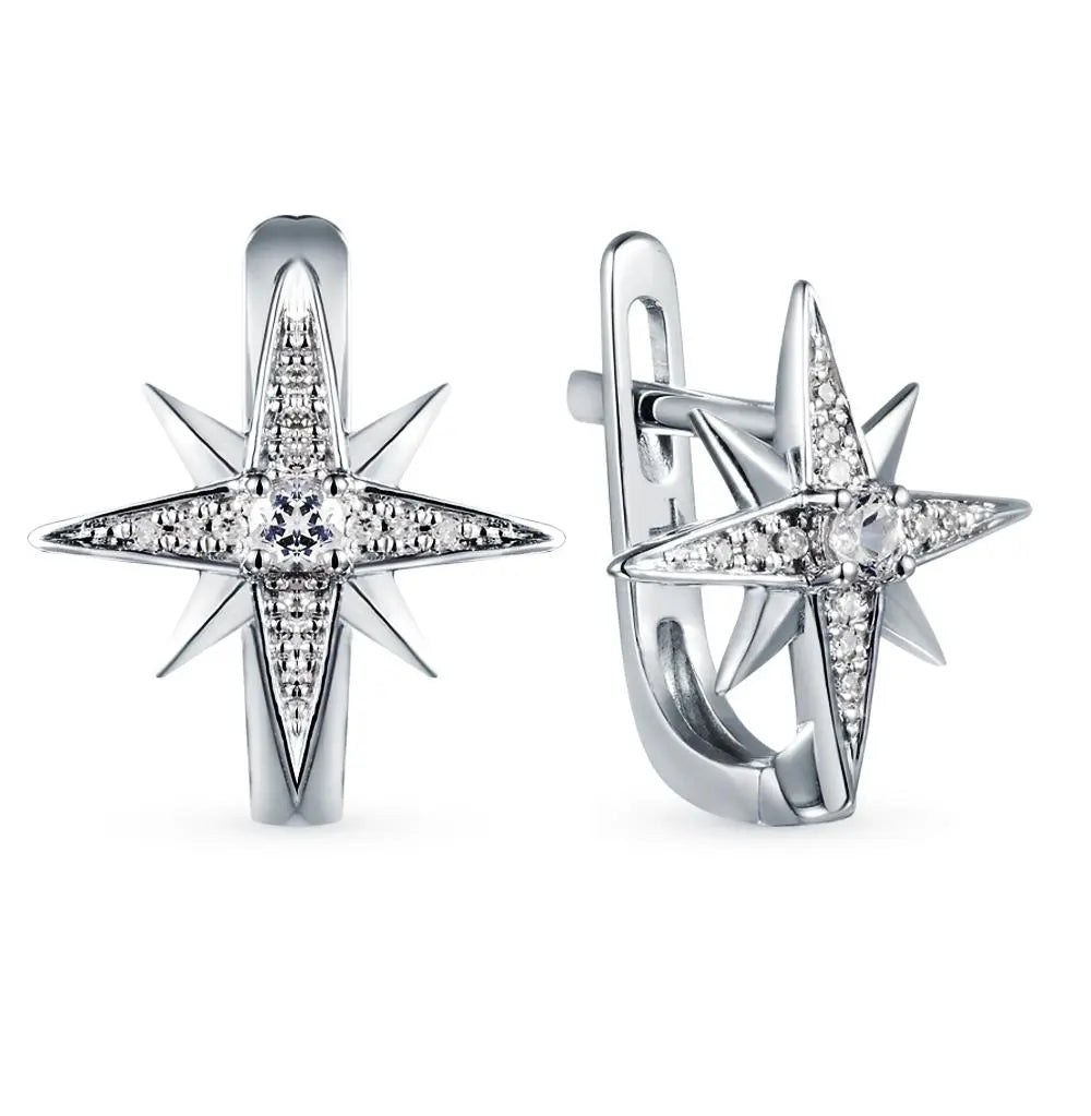 White Gold Latch back Star shape earrings with Colorless Topaz diamonds - cushionblue