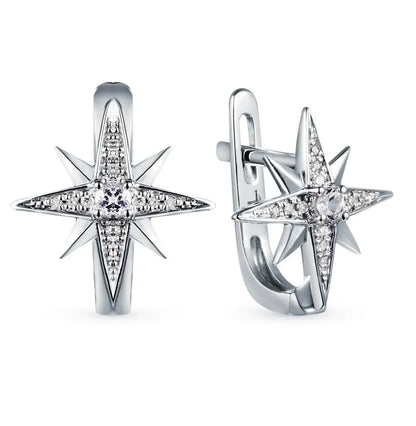 White Gold Latch back Star shape earrings with Colorless Topaz diamonds - cushionblue