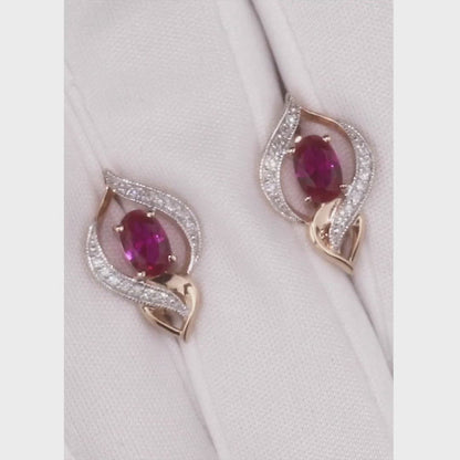 Rose Gold Latch back earrings with Oval cut Synthetic Rubies and diamonds