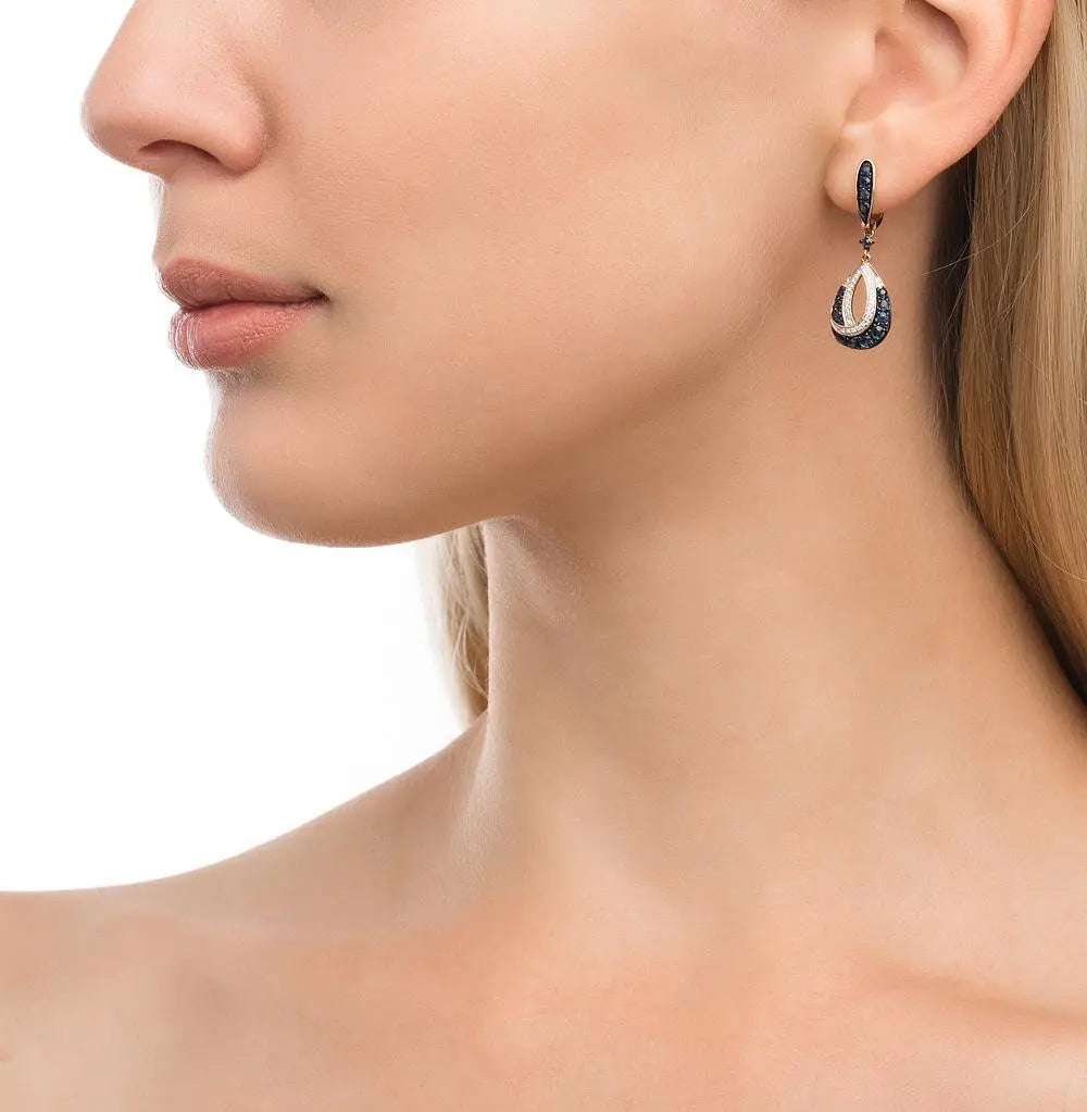 Rose Gold Latch back earrings with Blue Sapphires and diamonds - cushionblue