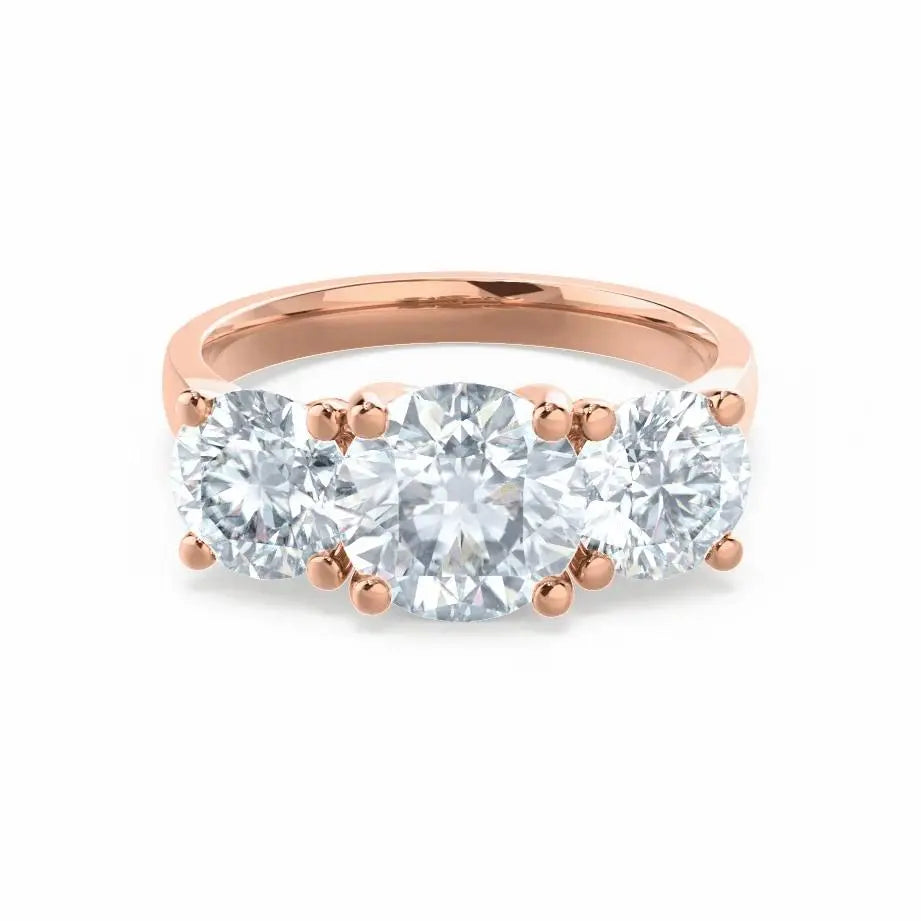 Round Brilliant Cut 3 Stone Set Rose Gold Trilogy Ring - cushionblue