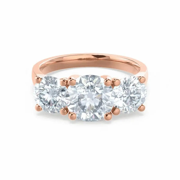Round Brilliant Cut 3 Stone Set Rose Gold Trilogy Ring - cushionblue
