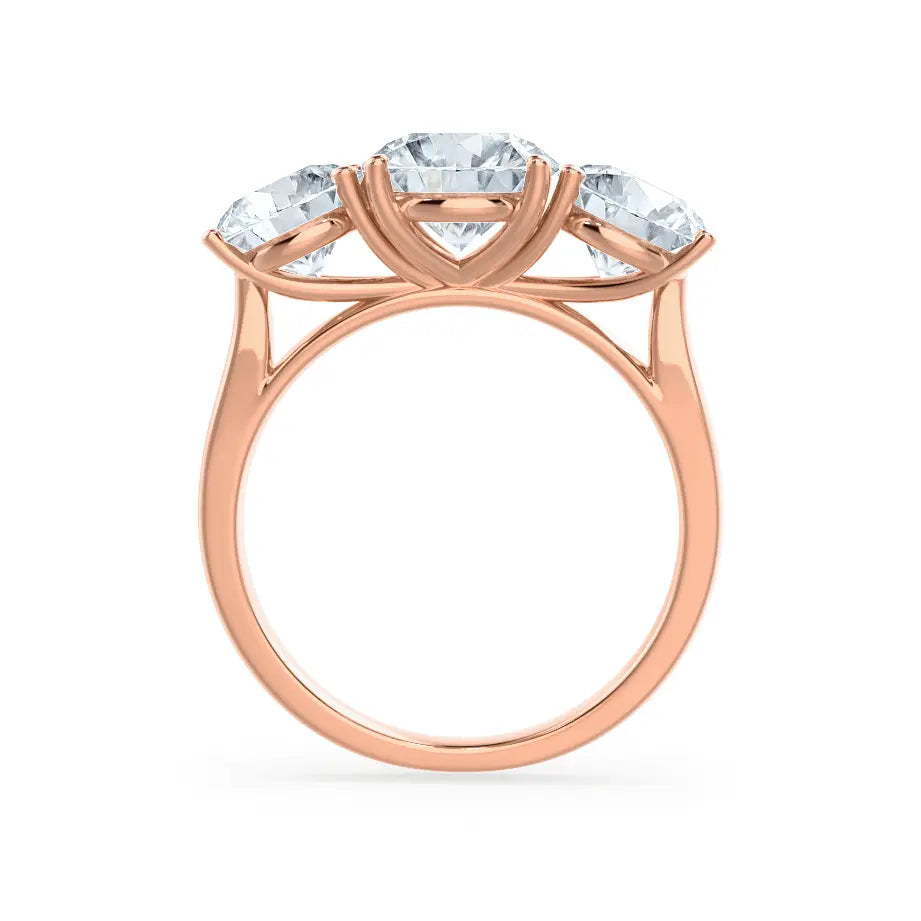 Round Brilliant Cut Rose Gold Trilogy Ring - cushionblue