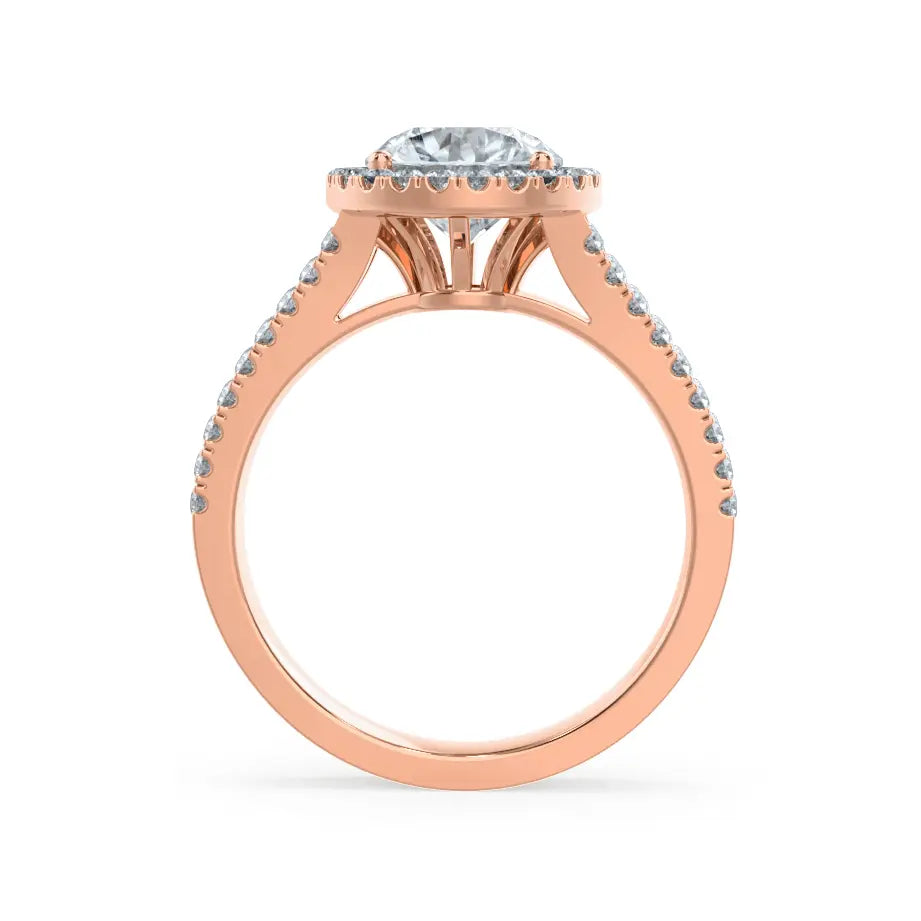 Round cut Natural Diamond Rose Gold Split Shank Halo Ring - cushionblue