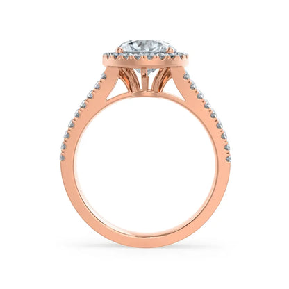 Round cut Natural Diamond Rose Gold Split Shank Halo Ring - cushionblue