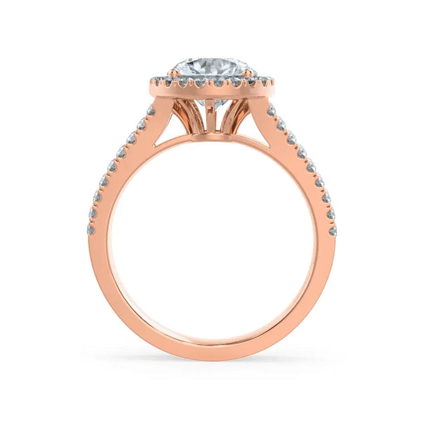 Round cut Natural Diamond Rose Gold Split Shank Halo Ring - cushionblue