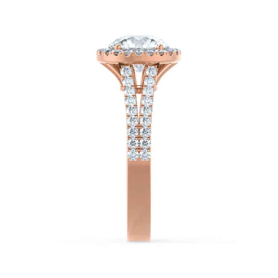 Round cut Natural Diamond Rose Gold Split Shank Halo Ring - cushionblue