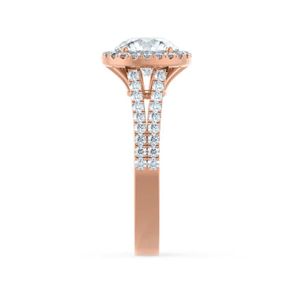 Round cut Natural Diamond Rose Gold Split Shank Halo Ring - cushionblue