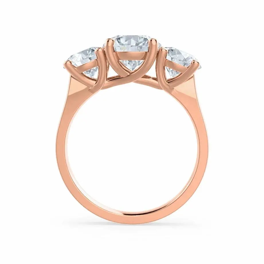 Round Brilliant Cut 3 Stone Set Rose Gold Trilogy Ring - cushionblue