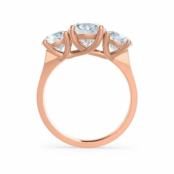 Round Brilliant Cut 3 Stone Set Rose Gold Trilogy Ring - cushionblue